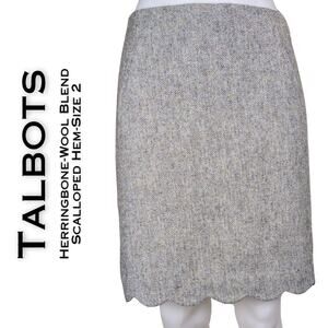 Talbots Herringbone Skirt 2 Gray Knit Wool Blend Scalloped Hem Career Preppy